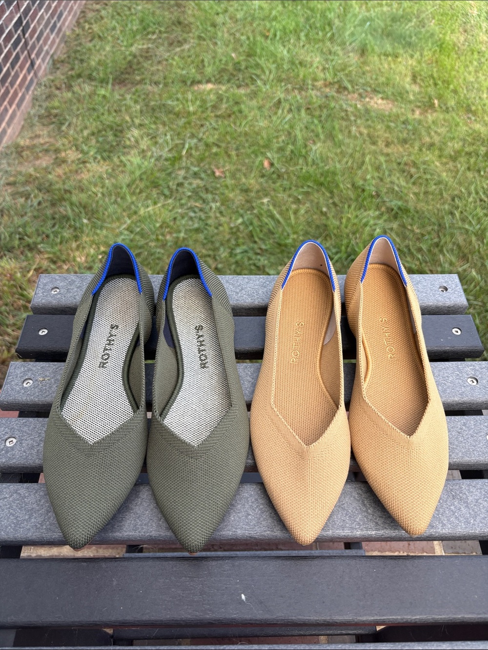 Rothy’s Pointed Knit Ballet Flats in Olive & Camel